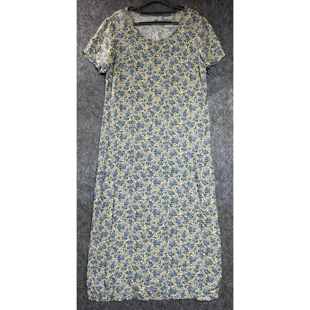 Vintage Dress Womens 16 Yellow Blue Floral Short Sleeve Rayon Shift Maxi 90s Y2K